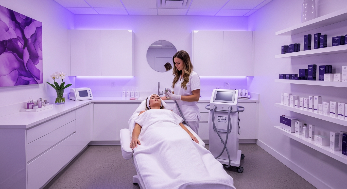 Professionelles Beauty-Studio mit Hautstraffungsbehandlung und violettem Licht